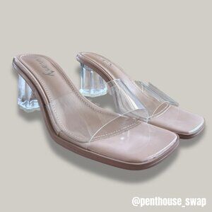 NWOT 2.5" Nude Block Heels with Square Toe and Clear Strap, Size 7.5